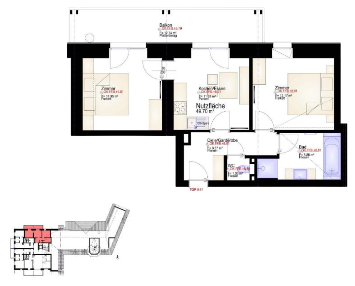 Grundriss des Appartements Top A11: zwei Zimmer links und rechts, dazwischen Kochen und Essen, davor ein durchgehender Balkon, hinten Diele, WC und Bad